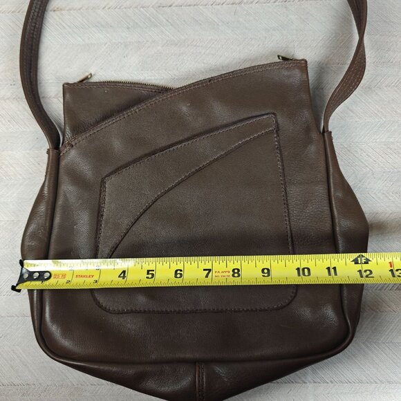 Vintage 60s Brown Genuine Leather Shoulder Bag Asymmetrical Boho Hippie - Picture 10 of 11